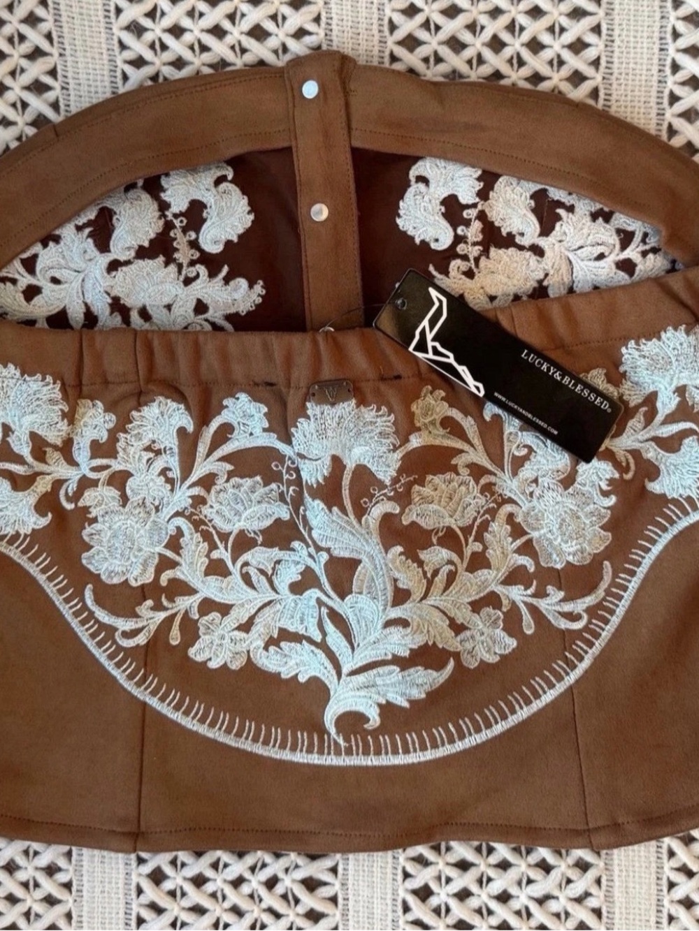Lucky & Blessed Camel Suede Floral Embroidered Corset Top
